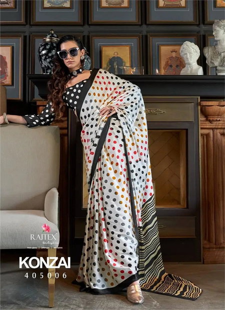 Konzai By Rajtex White Patola Printed Satin Crepe Saree Wholesale Suppliers In Mumbai
